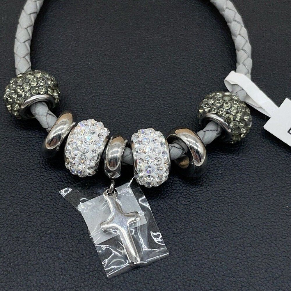 Bracelet Crystal Beads Religious Gray Leather Stainless Steel Cross Polished 7.5 - Picture 3 of 7